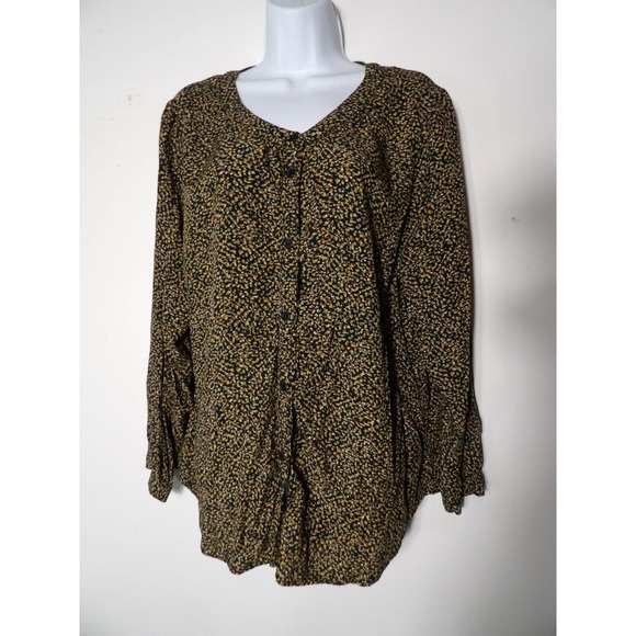 CJ Banks 1X Top Blouse Confetti Print Colorful Button Up Black Office Career - Picture 1 of 10